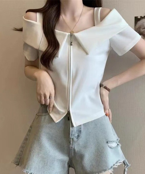 tシャツ オフショルダブルジップアップトップス レディース