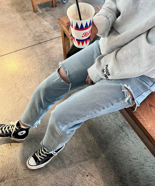 「ISOOK」 ダメージ加工デニムパンツ M ブルー レディース
