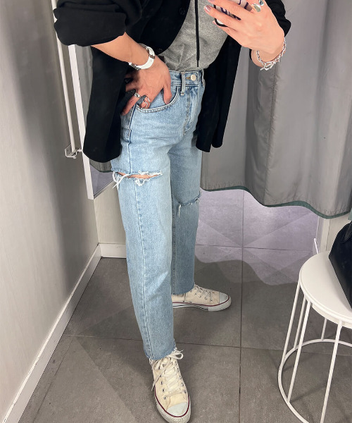 「ISOOK」 ダメージ加工デニムパンツ M ブルー レディース