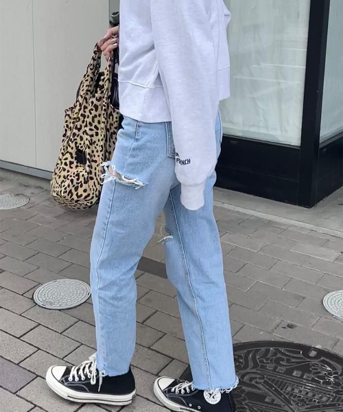 「ISOOK」 ダメージ加工デニムパンツ M ブルー レディース