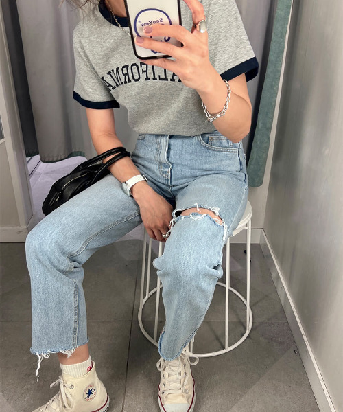 「ISOOK」 ダメージ加工デニムパンツ M ブルー レディース