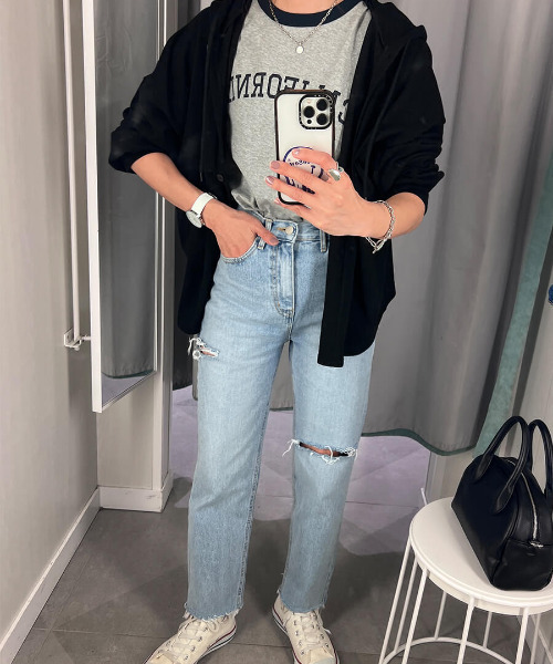 「ISOOK」 ダメージ加工デニムパンツ M ブルー レディース