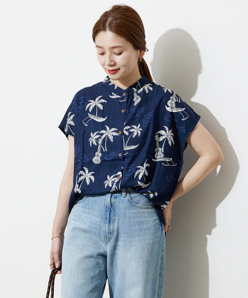 「TWO PALMS」 半袖ブラウス MEDIUM ネイビー レディース_画像2