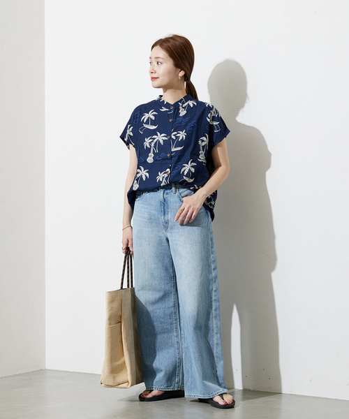 「TWO PALMS」 半袖ブラウス MEDIUM ネイビー レディース_画像3