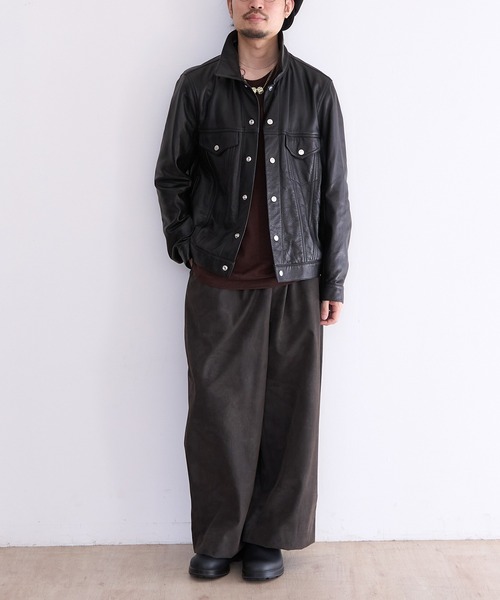 A LEATHER TRUCKER JACKET レザージャケット M ovy Xavier Men's Black Boxy Relaxed Leather Trucker Jacket