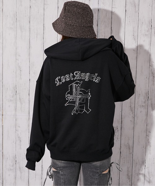 パーカー 「背中クロス×ロゴ×胸ワンポイントロゴ」裏毛ジップパーカー