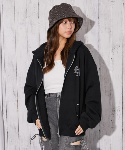 パーカー 「背中クロス×ロゴ×胸ワンポイントロゴ」裏毛ジップパーカー