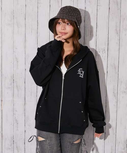 パーカー 「背中クロス×ロゴ×胸ワンポイントロゴ」裏毛ジップパーカー
