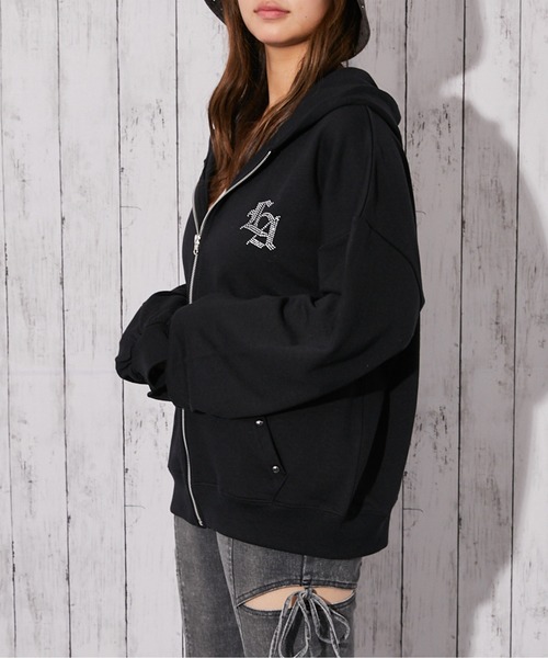 パーカー 「背中クロス×ロゴ×胸ワンポイントロゴ」裏毛ジップパーカー