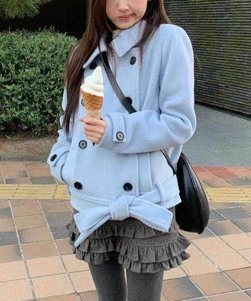 FAVORITO ピーコート pコート リボン襟付きダブルブレストメルトン