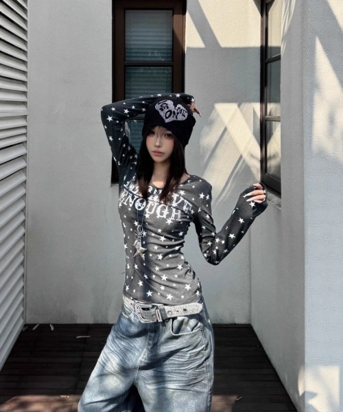 tシャツ Y2K星柄＆ロゴデザインVネックロングスリーブTシャツ