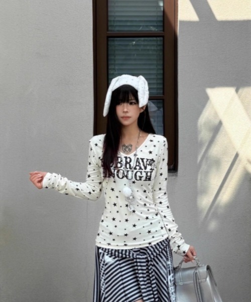 tシャツ Y2K星柄＆ロゴデザインVネックロングスリーブTシャツ