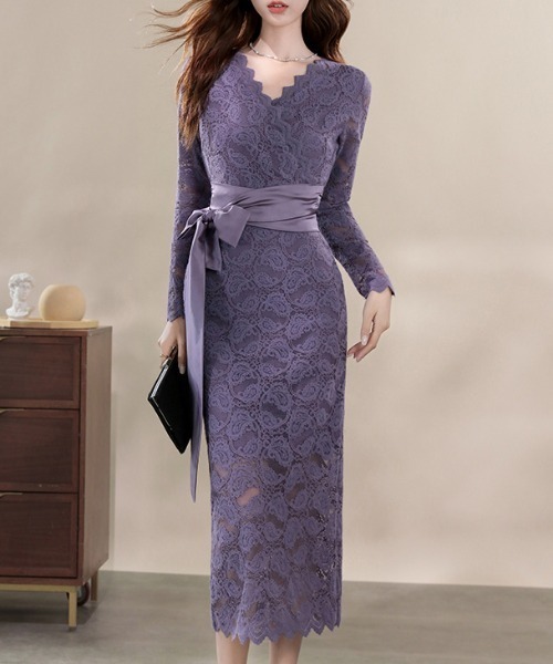 ドレス YUGA_YGMC　All-lace V-neck dress