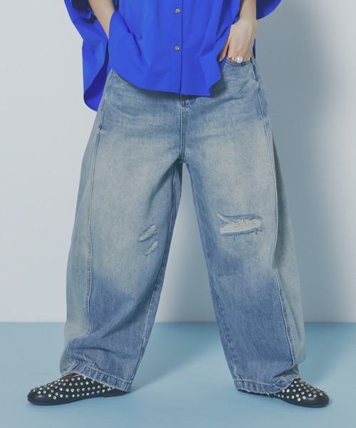ワイドパンツ ジーンズ デニム デニムパンツ ダメージワイドデニムパンツ レディースの画像
