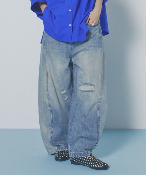 ワイドパンツ ジーンズ デニム デニムパンツ ダメージワイドデニムパンツ レディースの画像
