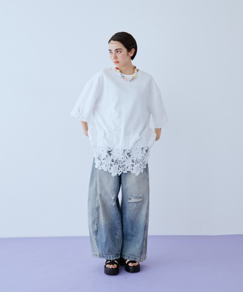 ワイドパンツ ジーンズ デニム デニムパンツ ダメージワイドデニムパンツ レディースの画像