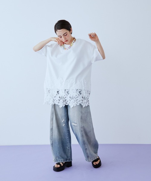 ワイドパンツ ジーンズ デニム デニムパンツ ダメージワイドデニムパンツ レディースの画像