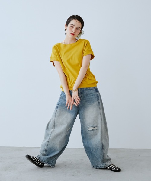 ワイドパンツ ジーンズ デニム デニムパンツ ダメージワイドデニムパンツ レディースの画像