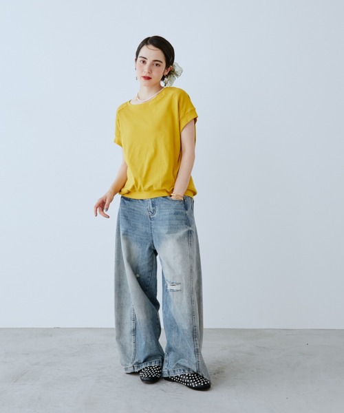 ワイドパンツ ジーンズ デニム デニムパンツ ダメージワイドデニムパンツ レディースの画像
