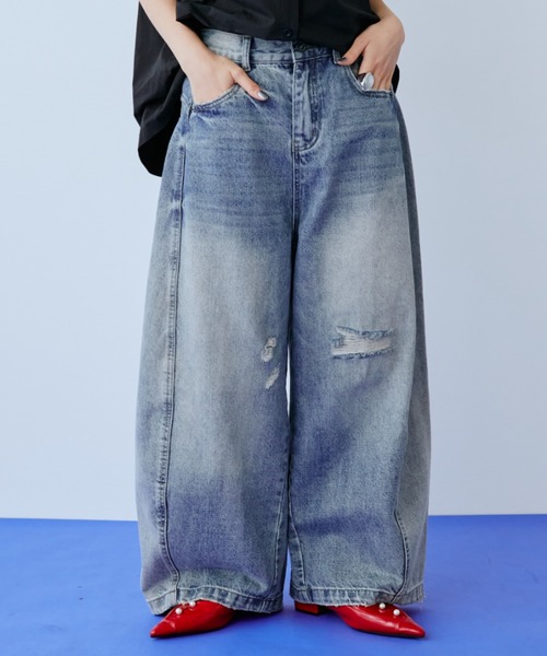 ワイドパンツ ジーンズ デニム デニムパンツ ダメージワイドデニムパンツ レディースの画像