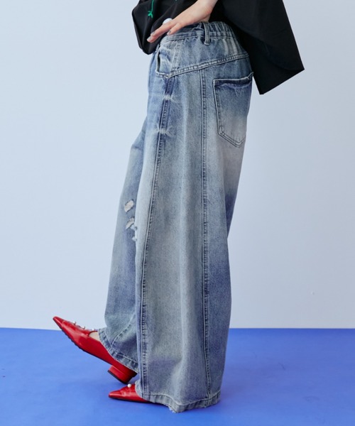 ワイドパンツ ジーンズ デニム デニムパンツ ダメージワイドデニムパンツ レディースの画像