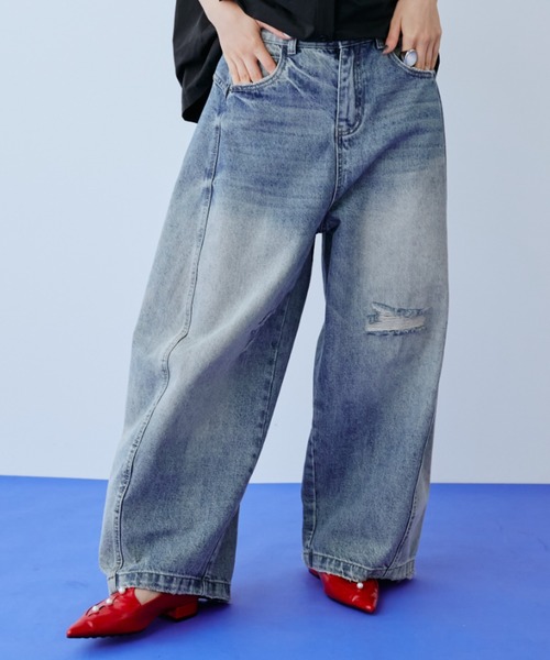 ワイドパンツ ジーンズ デニム デニムパンツ ダメージワイドデニムパンツ レディースの画像