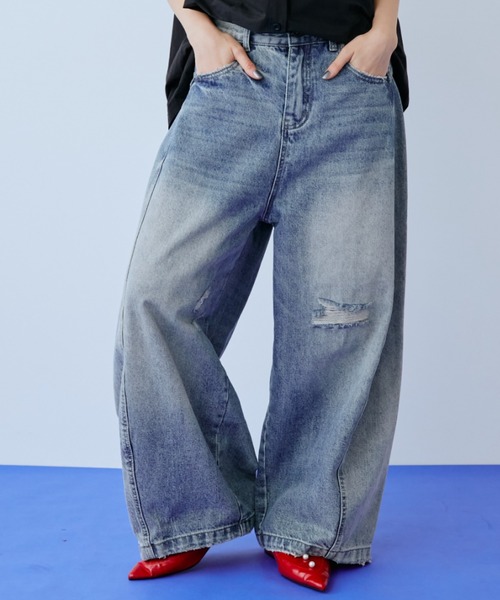 ワイドパンツ ジーンズ デニム デニムパンツ ダメージワイドデニムパンツ レディースの画像