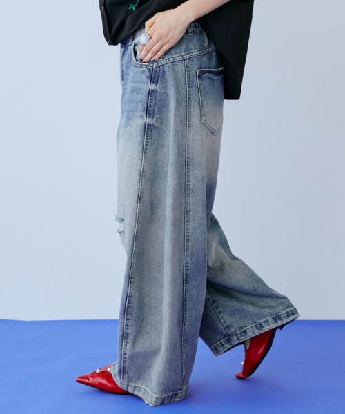 ワイドパンツ ジーンズ デニム デニムパンツ ダメージワイドデニムパンツ レディースの画像