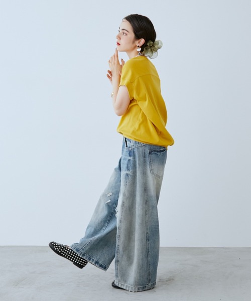 ワイドパンツ ジーンズ デニム デニムパンツ ダメージワイドデニムパンツ レディースの画像