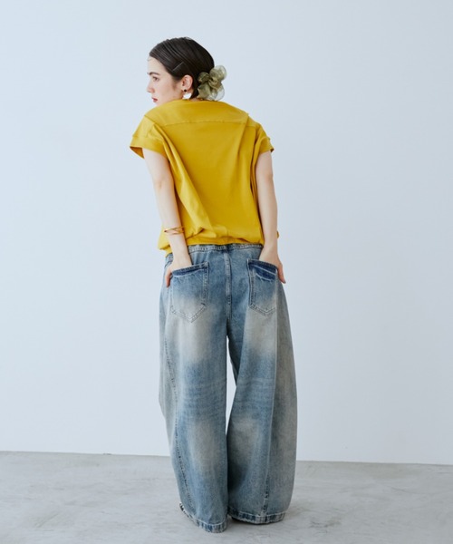 ワイドパンツ ジーンズ デニム デニムパンツ ダメージワイドデニムパンツ レディースの画像