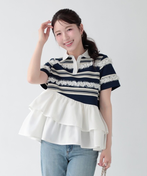 Fit more（フィットモア） ボーダーフリルトップス レディース