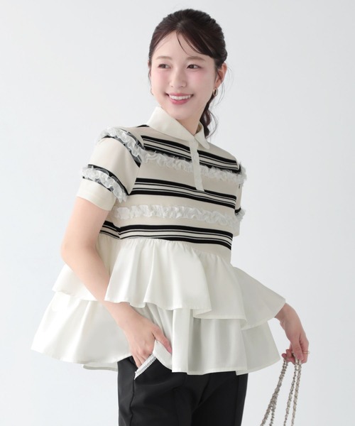 Fit more（フィットモア） ボーダーフリルトップス レディース