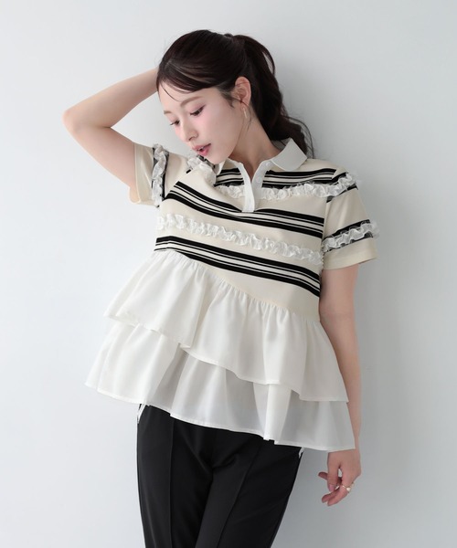 新品タグ付き　Fitmore ボーダーフリルトップス 半袖　ホワイト Fit more（フィットモア） ボーダーフリルトップス レディース