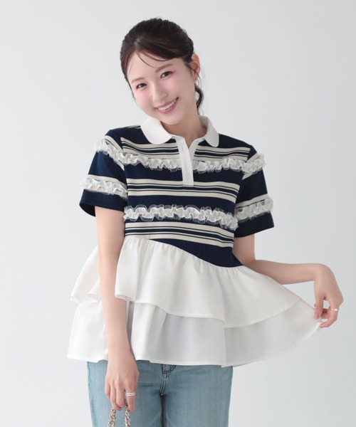 Fit more（フィットモア） ボーダーフリルトップス レディース