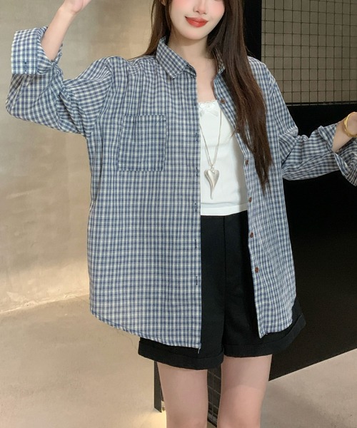 美品 OLLEBOREBLA ぶたさん ギンガムチェック柄 切り替え 長袖シャツ 2ly2 ブラウス シャツ ギンガムチェック オーバーサイズ 長袖シャツ
