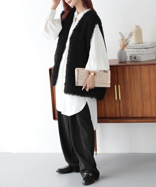 ベスト ジレ ボリュームフェイクプードルファーベスト レディース