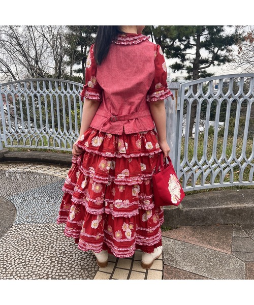 【新品】PINK HOUSE フリルロングベスト PINK HOUSE ベスト ジレ フリル使いダンガリーベスト レディース