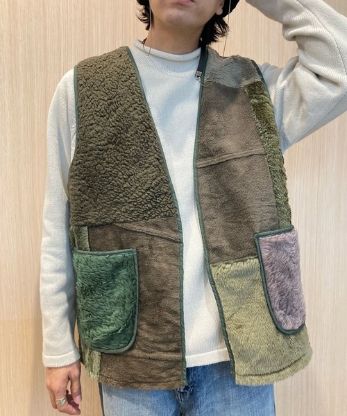 古布パッチワーク 中綿ベスト ジレ ゆったり ジレ 古布 パッチワーク