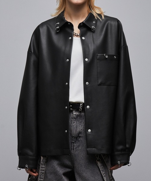 Loose シャツ リングピアス 合皮シャツジャケット メンズ
