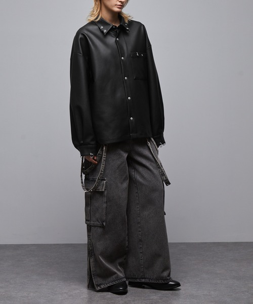 Loose シャツ リングピアス 合皮シャツジャケット メンズ