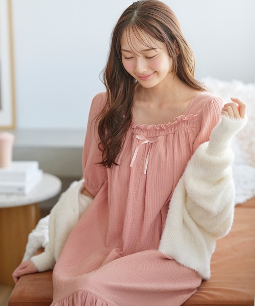 パジャマ ルームウェア 「綿100％/カップ付」Wガーゼ湯上りワンピース