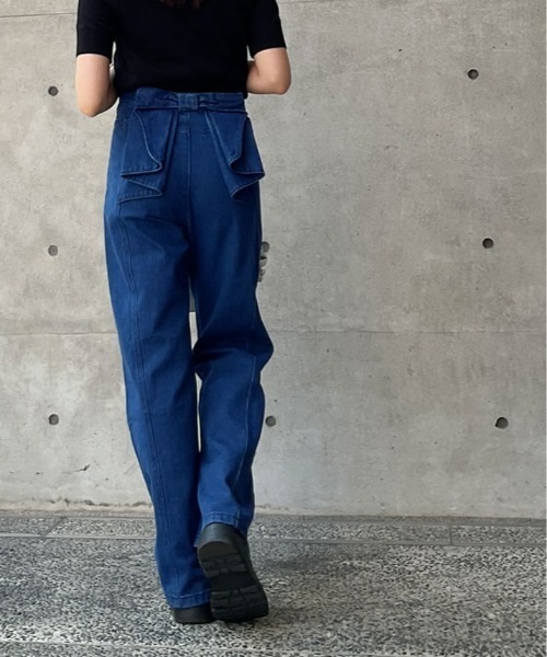 Pull&Bear ワイドジーンズ リボン付きハイウエスト デニムパンツ ジーンズ デニム デニムパンツ バック リボン ハイウエスト