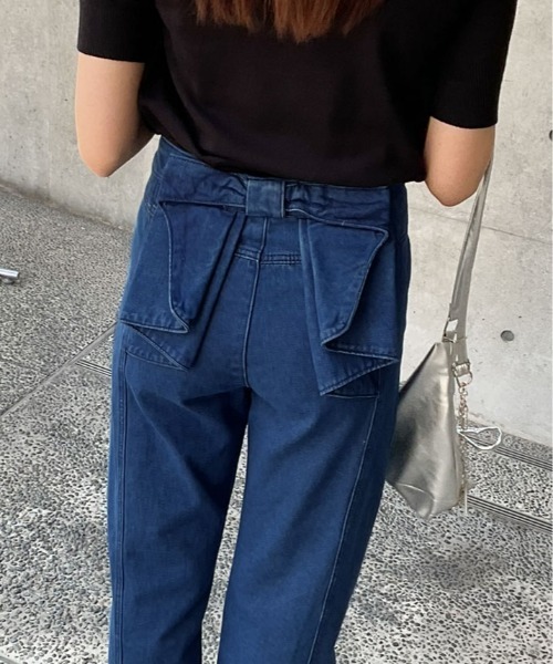 ジーンズ デニム デニムパンツ バック リボン ハイウエスト