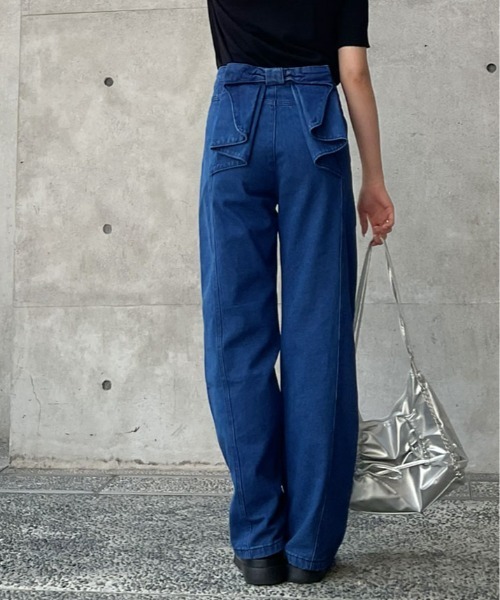 ジーンズ デニム デニムパンツ バック リボン ハイウエスト ワイド