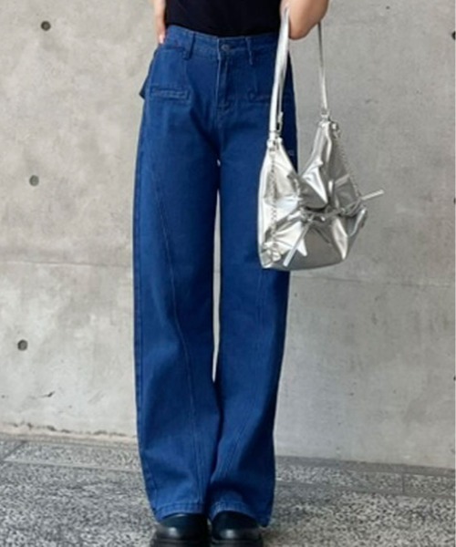 Pull&Bear ワイドジーンズ リボン付きハイウエスト デニムパンツ ジーンズ デニム デニムパンツ バック リボン ハイウエスト