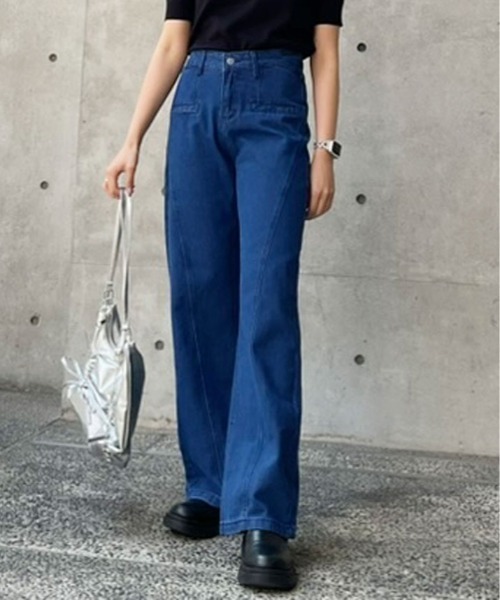 Pull&Bear ワイドジーンズ リボン付きハイウエスト デニムパンツ ジーンズ デニム デニムパンツ バック リボン ハイウエスト