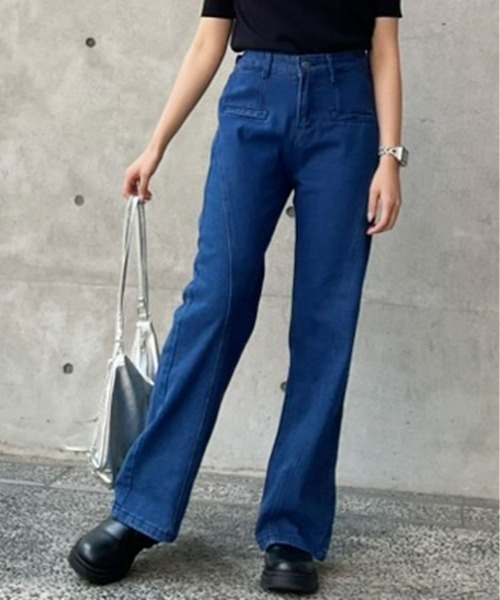 Pull&Bear ワイドジーンズ リボン付きハイウエスト デニムパンツ ジーンズ デニム デニムパンツ バック リボン ハイウエスト