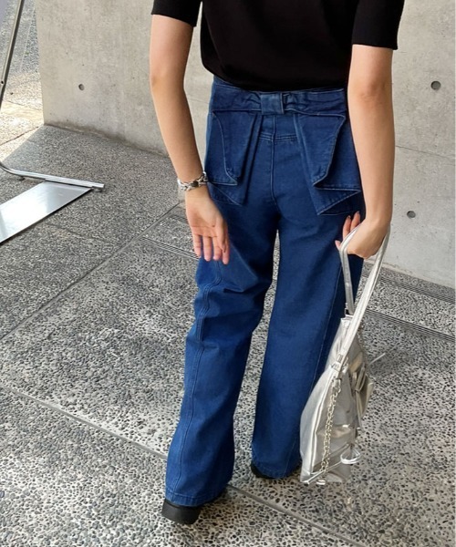 Pull&Bear ワイドジーンズ リボン付きハイウエスト デニムパンツ ジーンズ デニム デニムパンツ バック リボン ハイウエスト