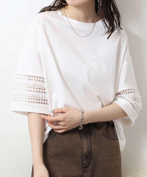 tシャツ EGLANTINE 袖フリンジレース5分袖カットソー レディース