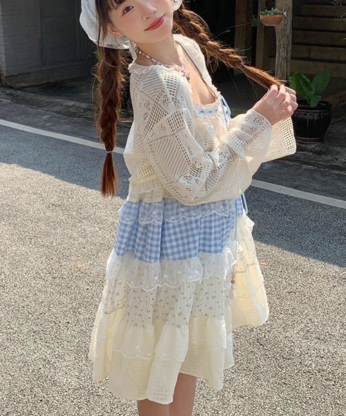 handmadeパッチワーク風ワンピースfreeイエロー セール】パッチワークプリントワンピース（ワンピース